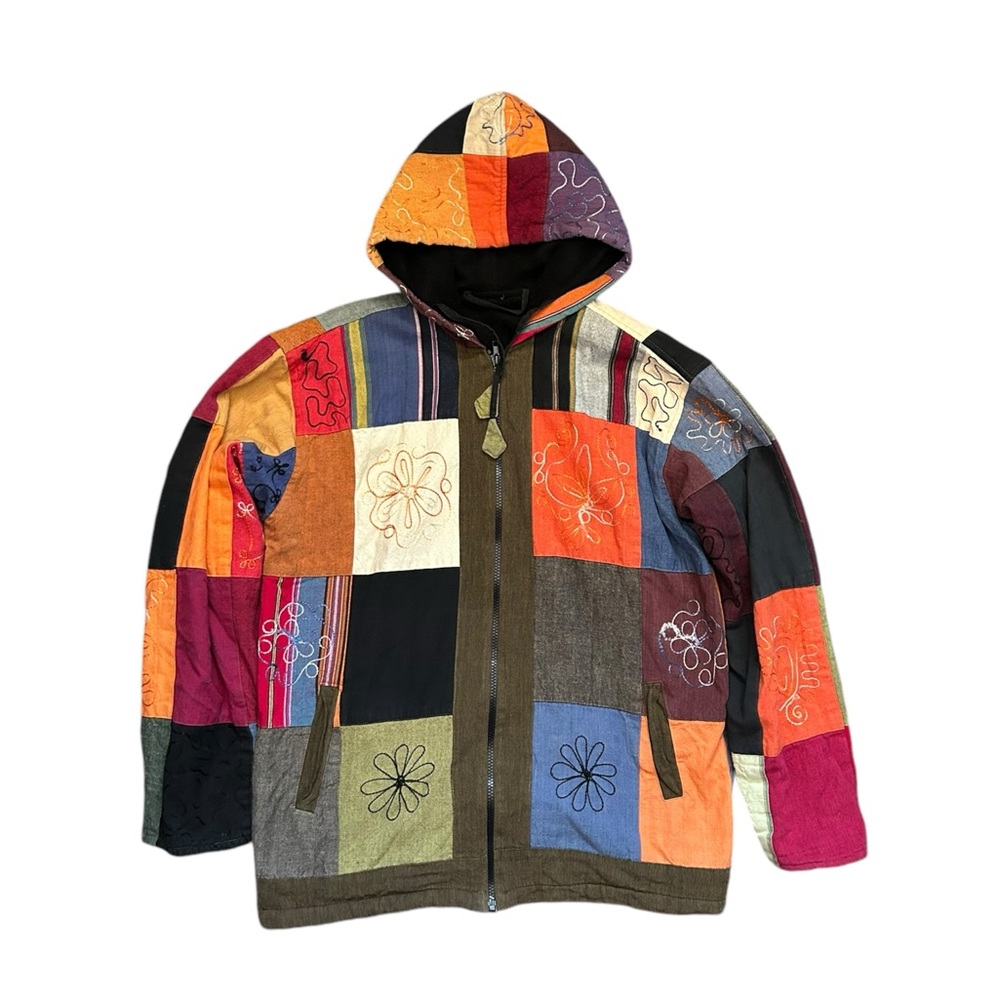 VTG 90s Grunge Colorful Patchwork Embroidered Hoodie Jacket Fleece Lined L/XL